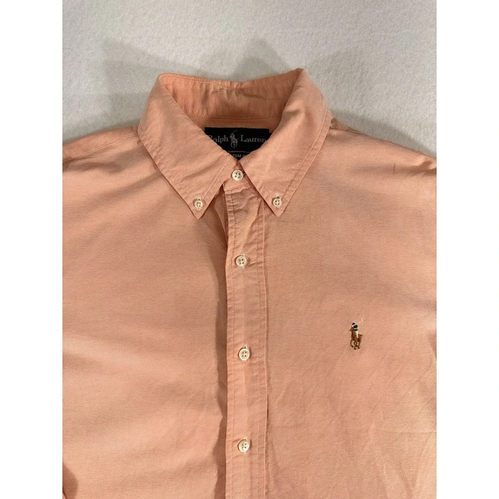 Ralph Lauren Mens Button Down Shirt Medium Peach Pink Custom Fit Oxford Cotton
